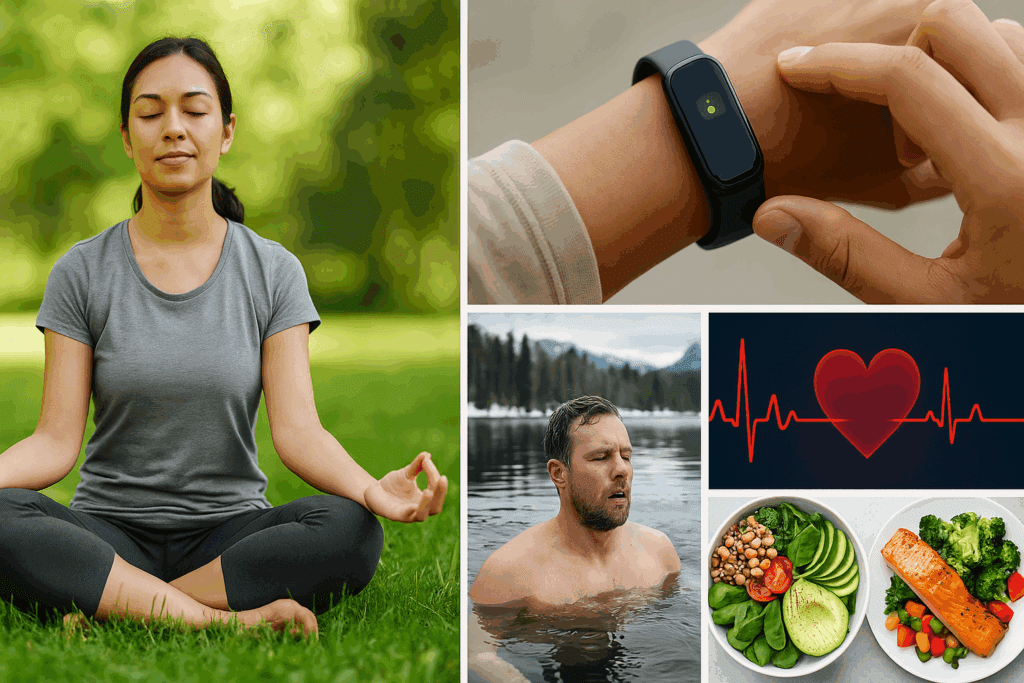 Collage showing how to prevent clogged arteries and CAD with meditation, fitness tracking, heart data, cold therapy, and healthy meals