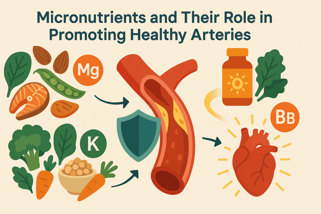 Infographic showing foods rich in magnesium, potassium, vitamin D, and B-complex supporting heart health, illustrating how to prevent clogged arteries and CAD