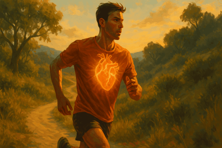 Runner on a forest trail with glowing heart symbolizing endurance and how to prevent sudden cardiac arrest
