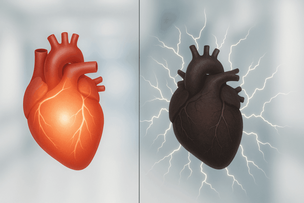 Side-by-side medical illustration showing normal versus erratic heart rhythms, visualizing how to prevent sudden cardiac arrest through early detection.
