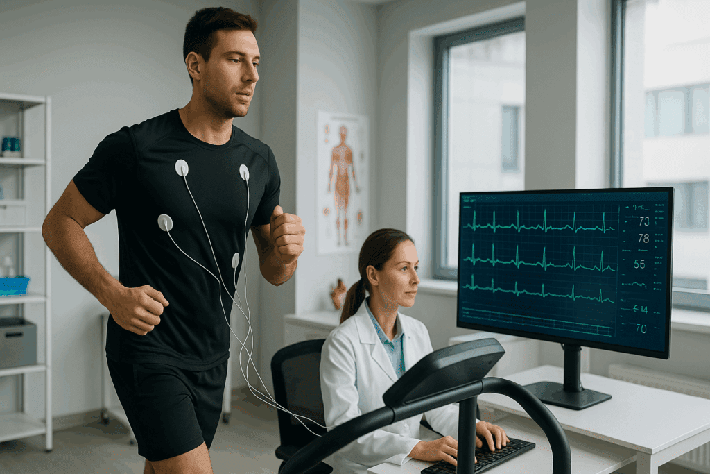 Athletic man undergoing treadmill ECG stress test in a clinic, illustrating how to prevent sudden cardiac arrest through cardiovascular screening.