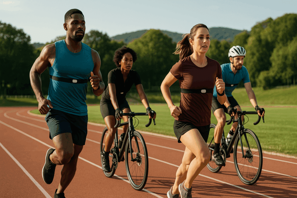 Diverse endurance athletes training with heart rate monitors on an outdoor track, illustrating how to prevent sudden cardiac arrest through structured exercise.