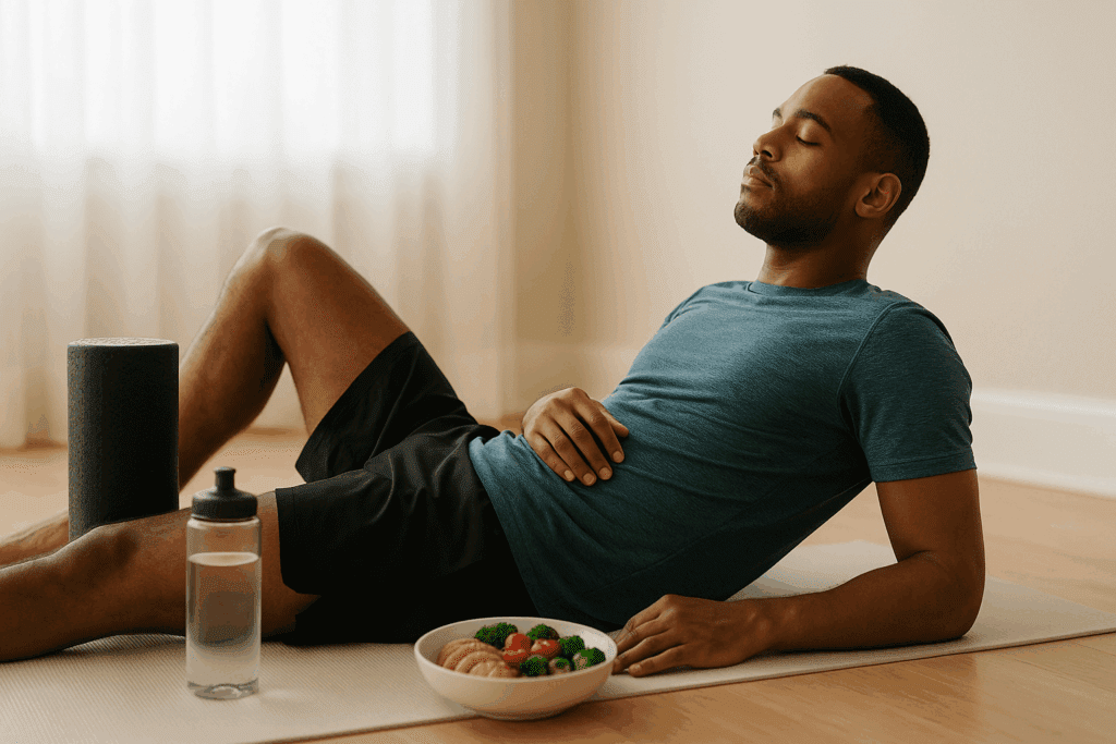 Athlete recovering with foam roller, water bottle, and antioxidant-rich meal—highlighting how to prevent sudden cardiac arrest through rest and recovery.