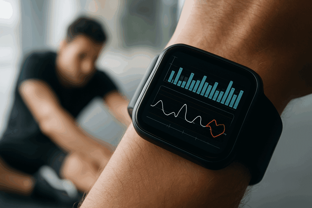 Smartwatch displaying heart rate variability and pulse trends on athlete’s wrist during stretch, illustrating how to prevent sudden cardiac arrest through data-driven training.