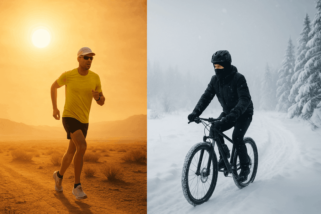 Runner in hot desert and cyclist in snowy forest show how training environments impact how to prevent sudden cardiac arrest