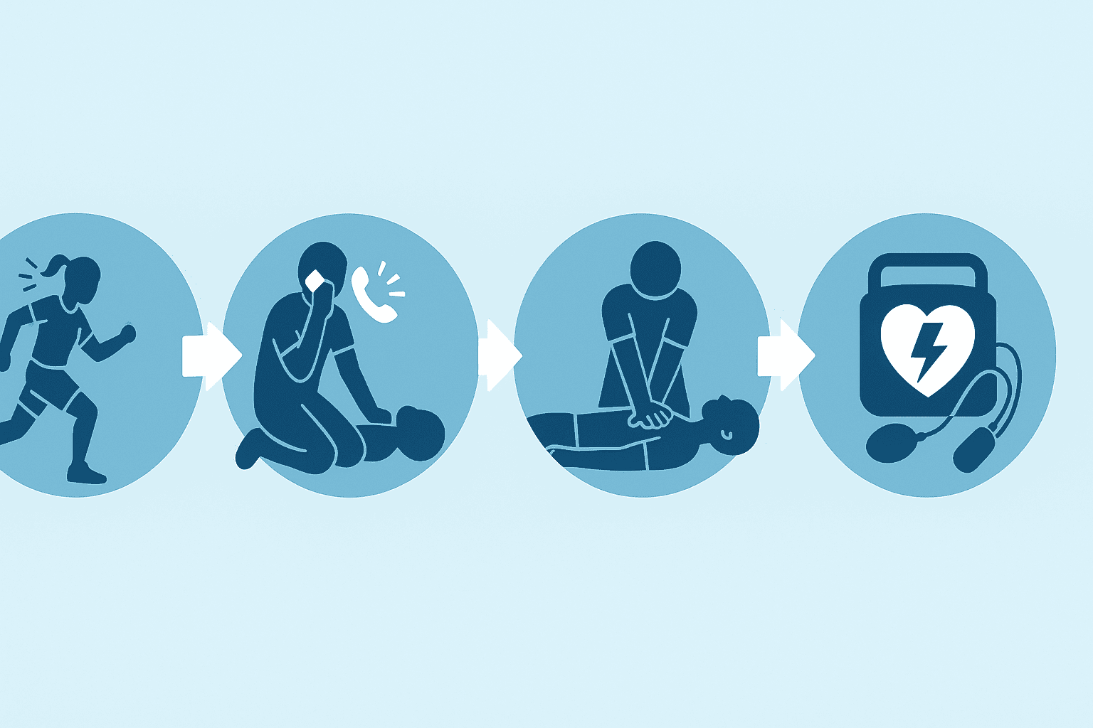 Visual sequence showing how to prevent sudden cardiac arrest: athlete collapses, bystanders call for help, perform CPR, and use AED.