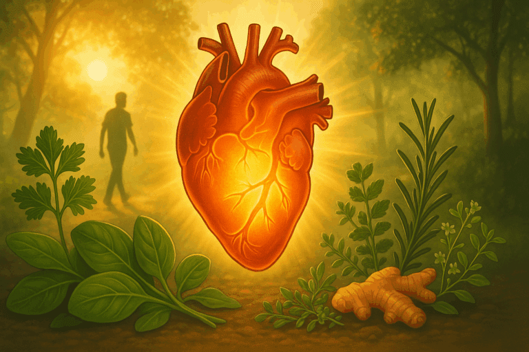 Glowing human heart surrounded by herbs, fresh greens, and sunlight in nature, symbolizing how to strengthen a weak heart