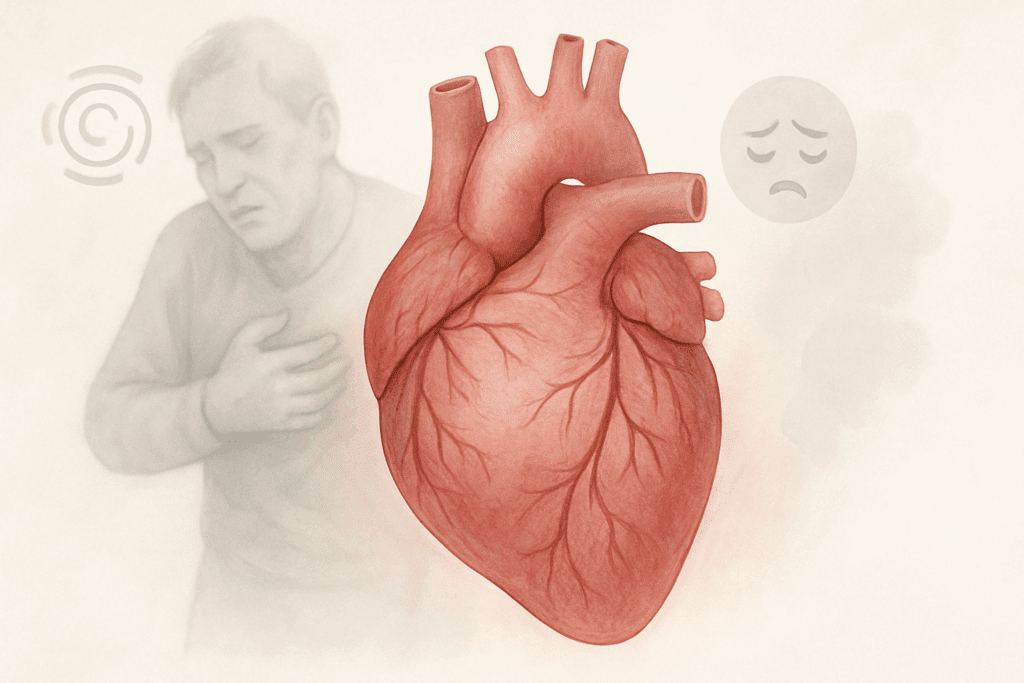 Anatomical illustration of a weakened human heart showing signs of fatigue with symptoms like slumped posture and dizziness, related to how to strengthen a weak heart