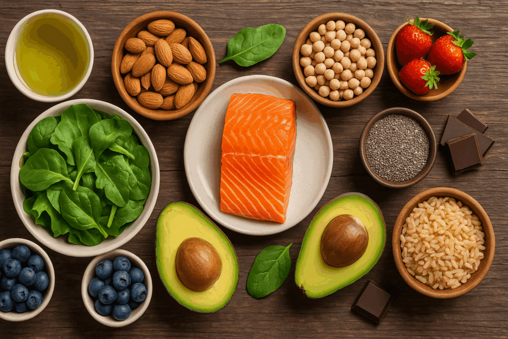 Colorful heart-healthy foods like salmon, leafy greens, berries, avocado, nuts, seeds, and green tea arranged on a rustic table—showcasing how to strengthen a weak heart naturally.