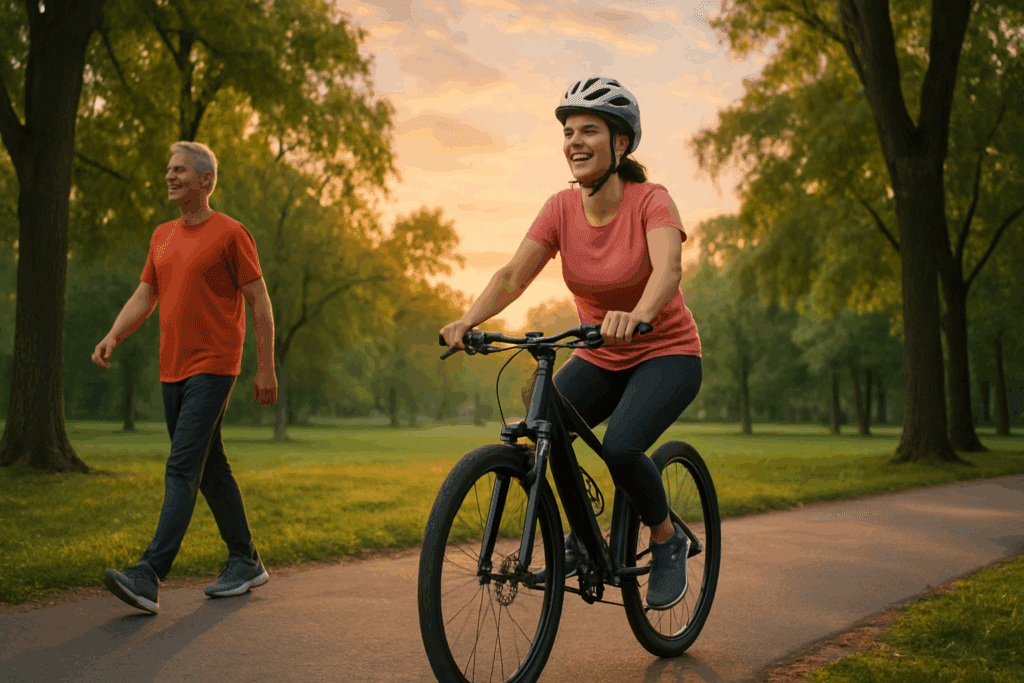 Middle-aged woman cycling beside a man walking in a serene park at sunrise, illustrating how to strengthen a weak heart with low-impact exercise.