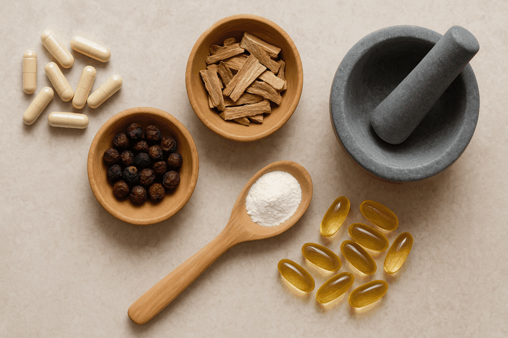 Heart-supportive supplements and herbs for how to strengthen a weak heart, including CoQ10, hawthorn berries, arjuna bark, magnesium, and omega-3s on a stone background