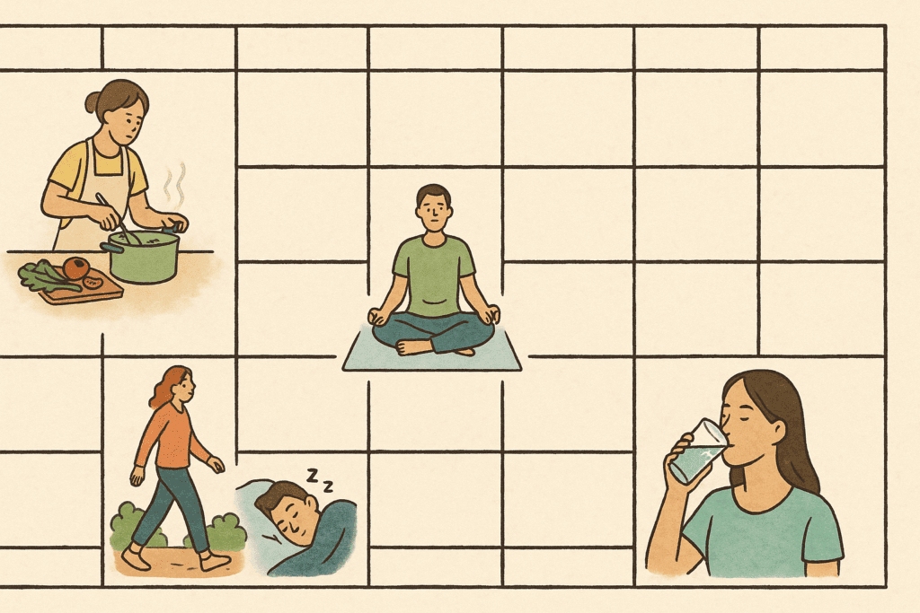 Hand-drawn calendar grid with illustrations showing how to strengthen a weak heart through daily habits like healthy cooking, meditation, walking, restful sleep, and hydration.