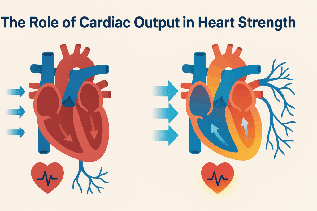 Side-by-side heart diagram showing low vs. high stroke volume to illustrate how to strengthen a weak heart through improved cardiac output