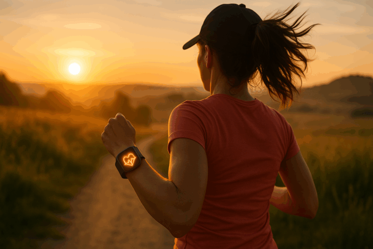 Woman jogging at sunrise with smartwatch displaying heart rate data, illustrating target heart rate for weight loss calculator.