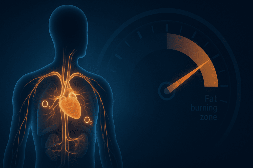 Digital illustration showing oxygen flow and fat metabolism in the human body, highlighting the fat-burning zone on a heart rate dial, used for a target heart rate for weight loss calculator