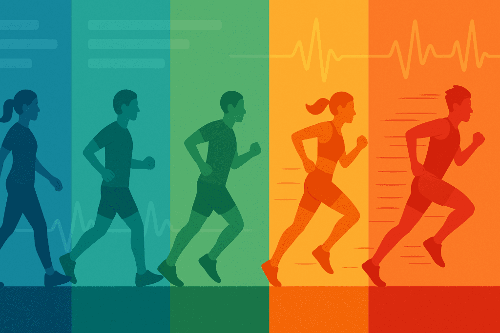 Infographic-style illustration showing five runners at increasing intensities, visually representing zones in a target heart rate for weight loss calculator