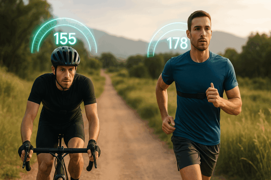 Cyclist and runner on scenic trails wearing heart monitors with digital readouts, illustrating target heart rate for weight loss calculator in action.