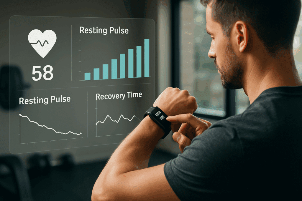 Man checking fitness stats on smartwatch in gym with digital dashboard showing resting pulse trends, recovery timeline, and target heart rate for weight loss calculator.