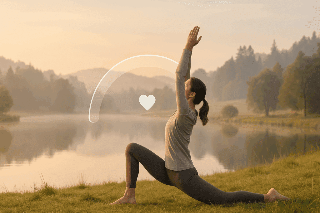 Woman doing yoga by a lake at sunrise with a digital arc showing low-intensity zone, illustrating target heart rate for weight loss calculator.