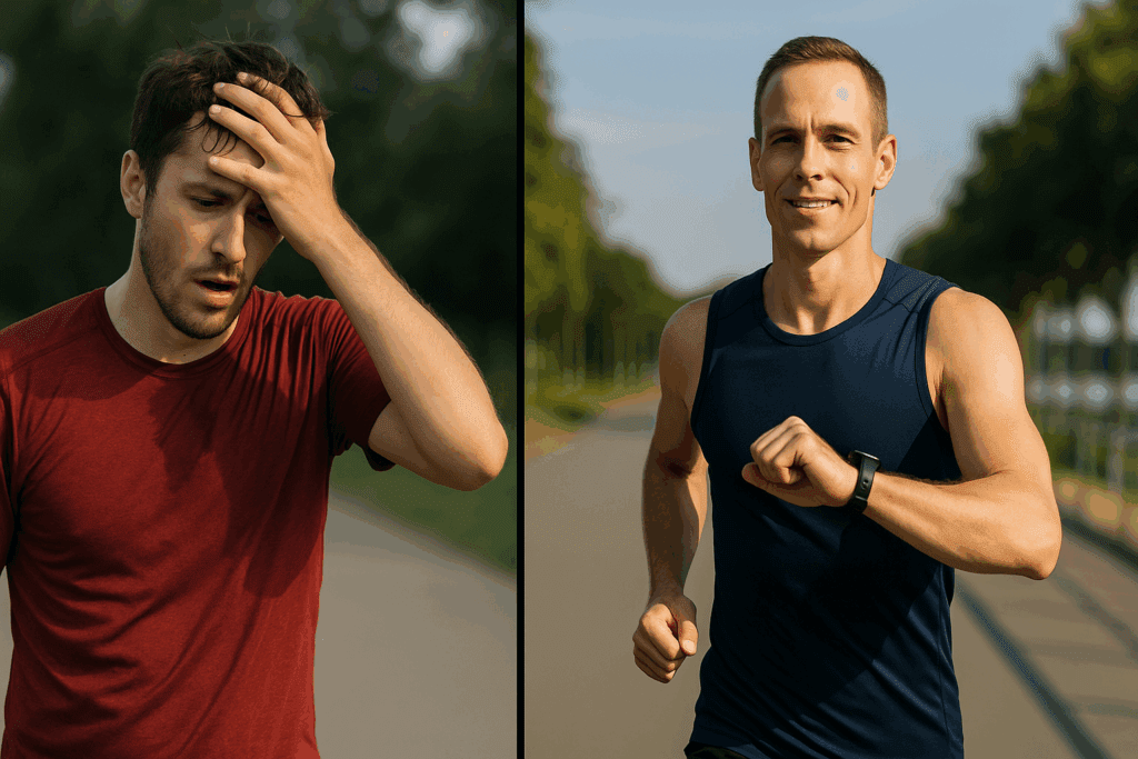 Side-by-side runners showing contrast between guessing effort and using a smartwatch for tracking with target heart rate for weight loss calculator precision.