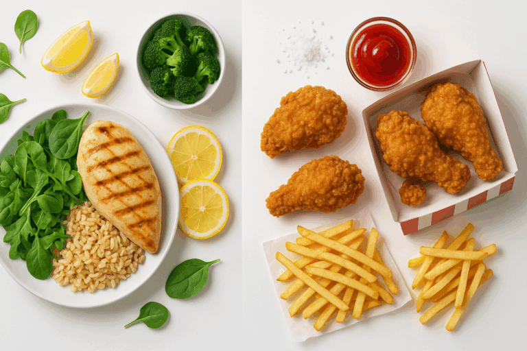 Split view of grilled chicken with greens and fried chicken with fries illustrating is chicken good for your heart choices