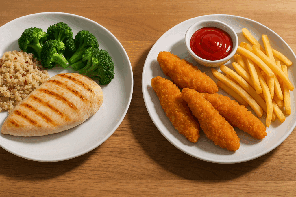 Grilled chicken breast with quinoa and broccoli beside fried chicken tenders and fries, comparing meals that explore is chicken good for your heart.