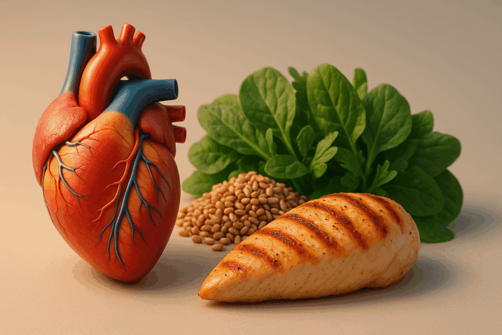 Stylized anatomical heart beside grilled chicken breast, leafy greens, and whole grains, illustrating the question is chicken good for your heart