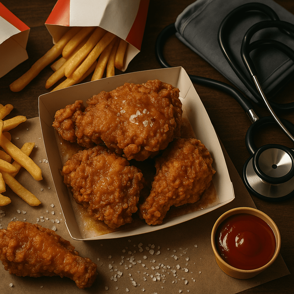 Greasy fried chicken with fries in fast-food packaging beside a stethoscope, questioning is chicken good for your heart.