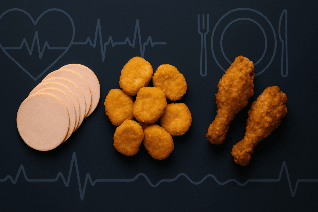 Fried chicken drumsticks, nuggets, and deli slices arranged on a dark background with heart monitor graphics, questioning is chicken good for your heart