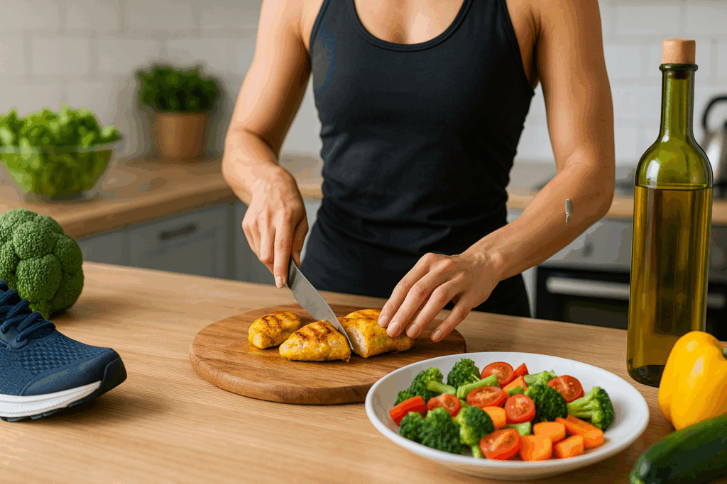 Athletic woman meal prepping turmeric grilled chicken with vegetables, highlighting clean eating and answering is chicken good for your heart.