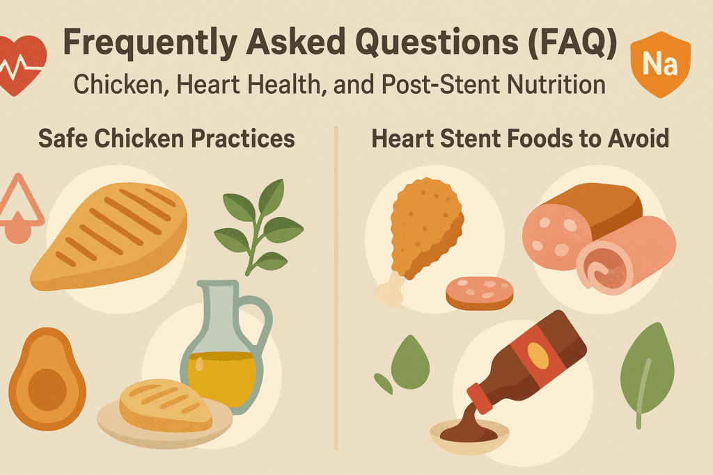 Split-screen infographic answering “is chicken good for your heart” by comparing healthy grilled chicken with herbs and olive oil to unhealthy fried and processed meats.