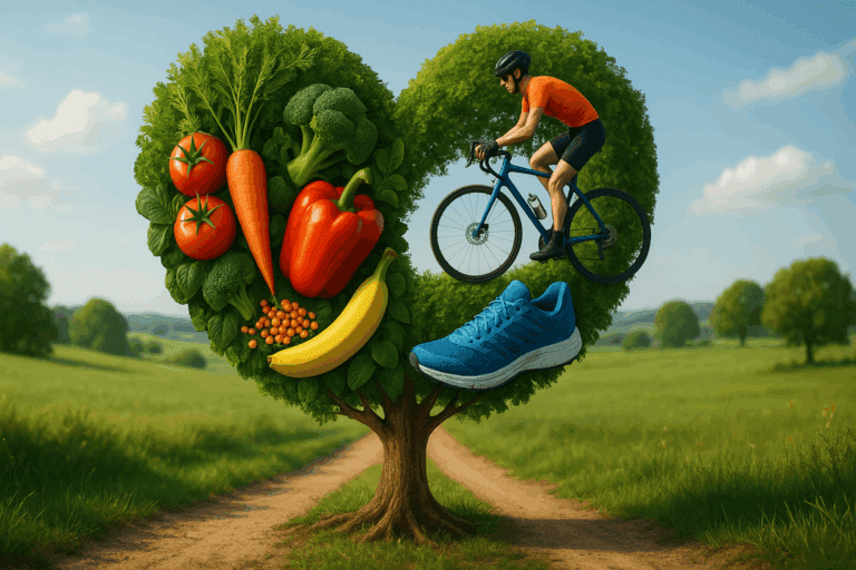 Heart-shaped tree along a countryside path symbolizing Reversing Heart Disease Through Diet with fresh fruits on one side and a cyclist with running shoes on the other.