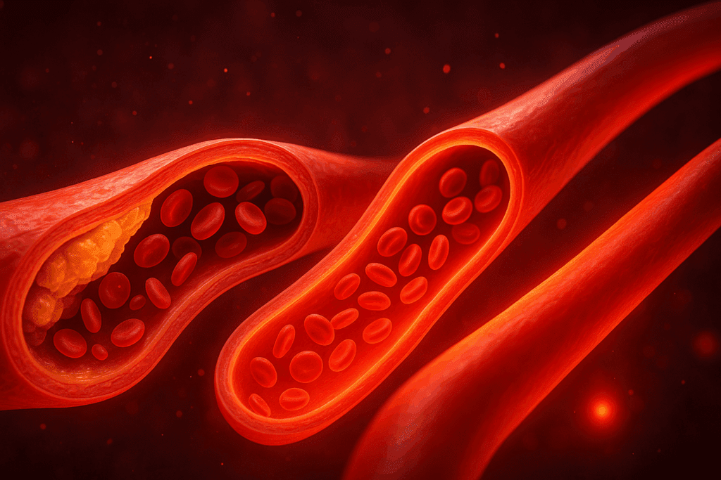 Medical illustration showing Reversing Heart Disease Through Diet with a comparison of a clogged artery and a clear, healthy artery