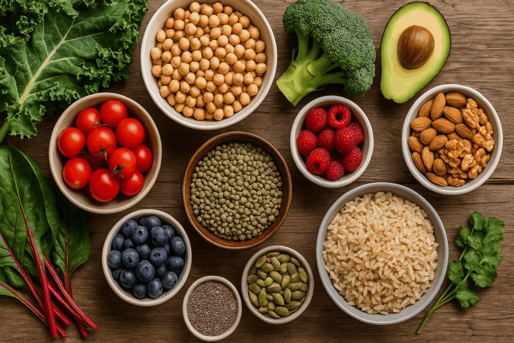 Colorful flat-lay of leafy greens, berries, legumes, and whole grains promoting Reversing Heart Disease Through Diet