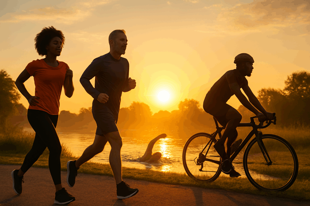 Diverse adults jogging, cycling, and swimming at sunrise, symbolizing vitality and Reversing Heart Disease Through Diet.