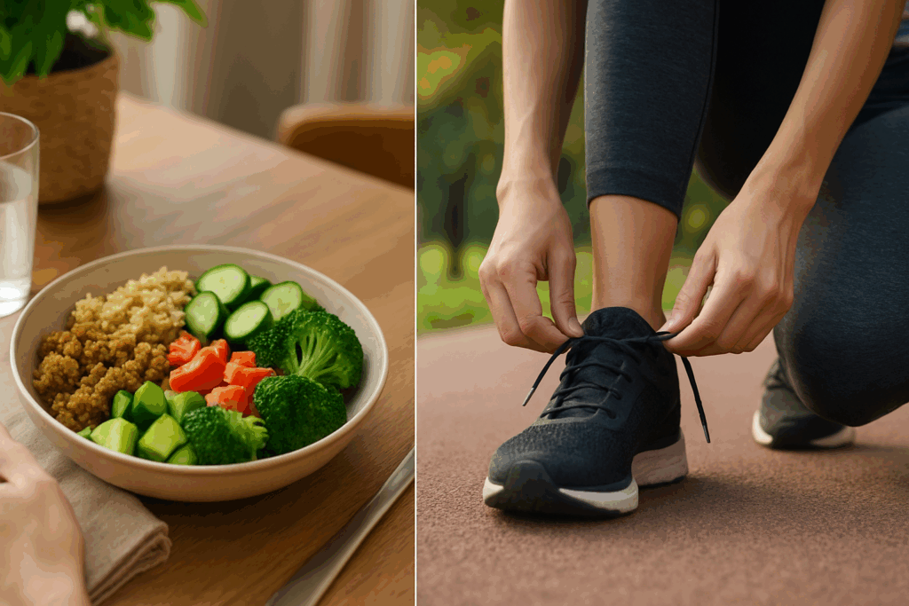 Split-scene showing a plant-based meal and a person tying running shoes, symbolizing Reversing Heart Disease Through Diet and exercise.