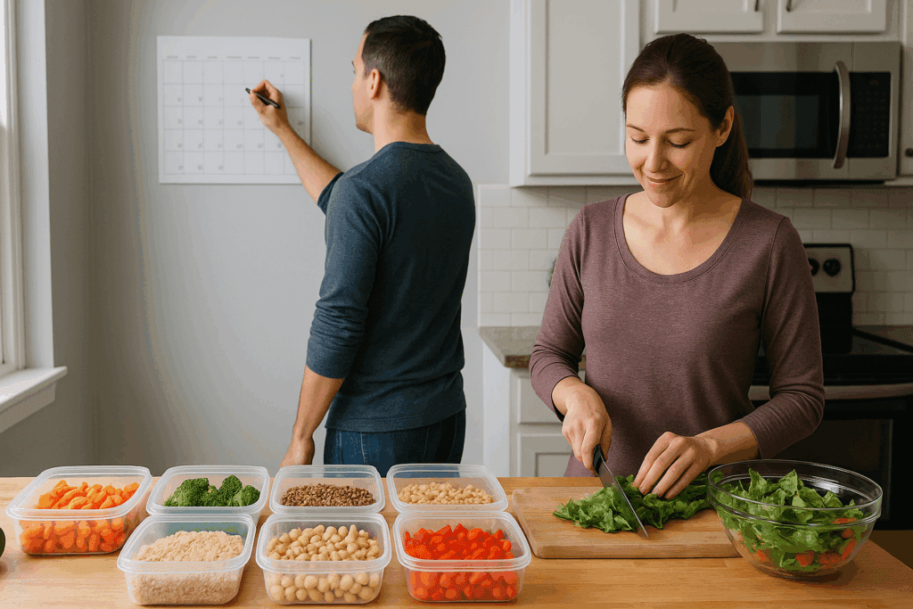 Couple meal prepping in a bright kitchen with vegetables, legumes, and grains, supporting reversing heart disease through diet.