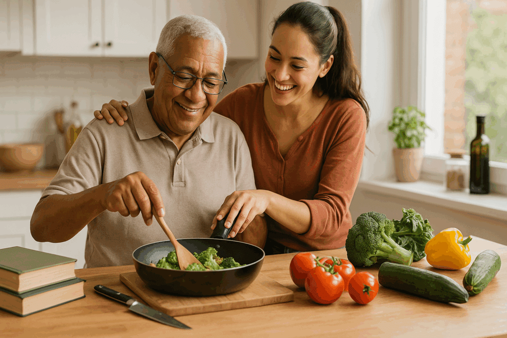 Older man cooking vegetables with help from younger woman, illustrating Reversing Heart Disease Through Diet.