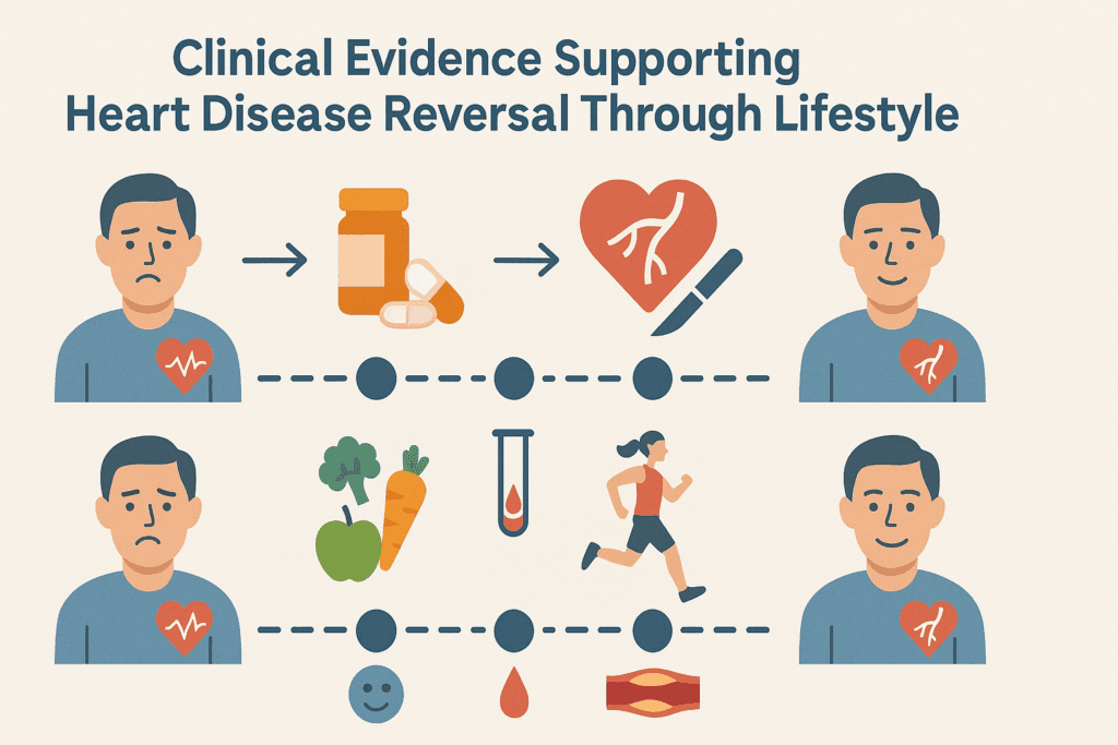 Side-by-side visual timeline comparing traditional treatment with lifestyle-based approach for reversing heart disease through diet and exercise.