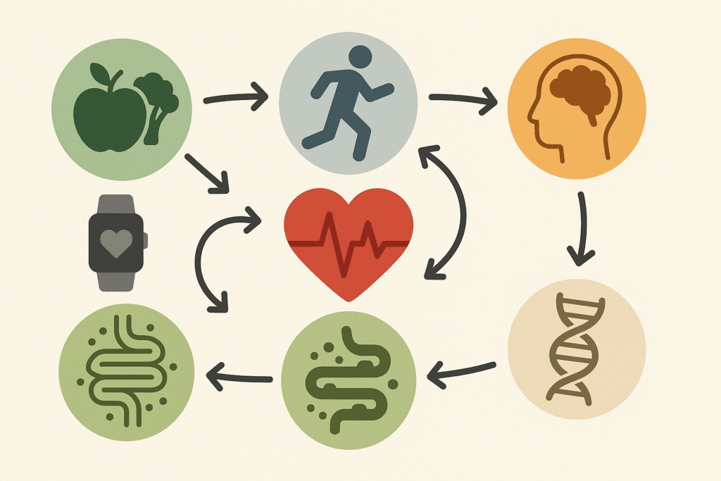 Circular infographic visually mapping lifestyle factors like diet, exercise, and gut health for Reversing Heart Disease Through Diet