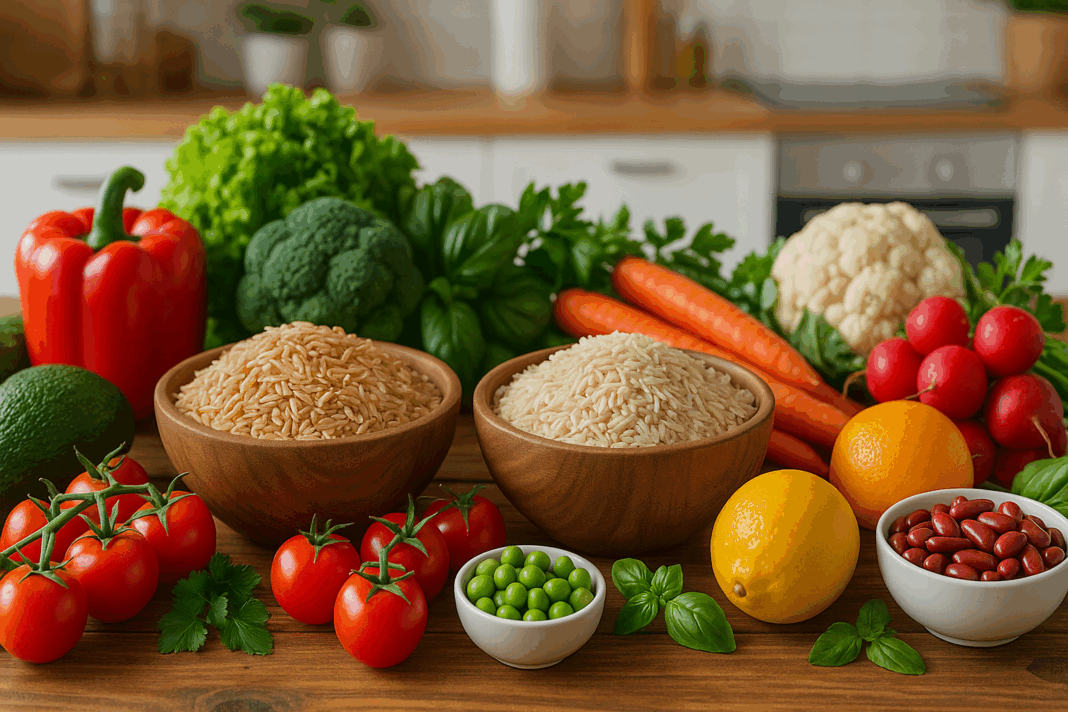 Bowls of whole grain rice and whole wheat rice surrounded by fresh vegetables, fruits, legumes, and herbs on a rustic wooden table.