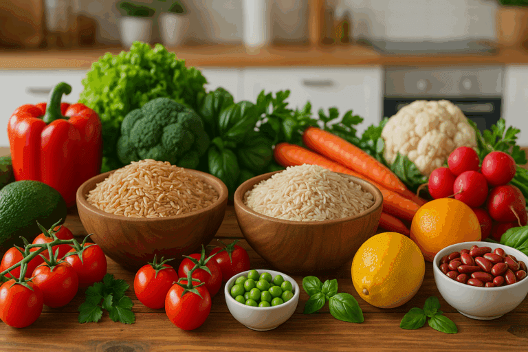 Bowls of whole grain rice and whole wheat rice surrounded by fresh vegetables, fruits, legumes, and herbs on a rustic wooden table.