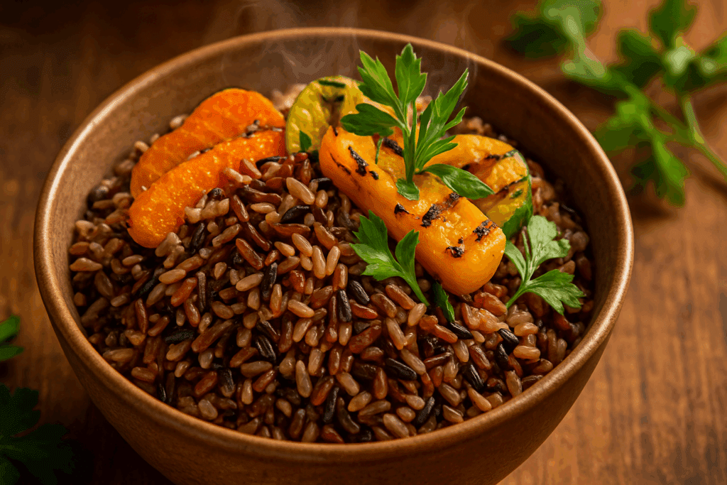 Steaming bowl of whole grain rice and whole wheat rice topped with grilled vegetables and fresh herbs on a wooden table.