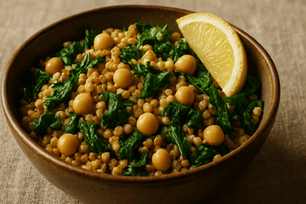 Whole grain rice and whole wheat rice dish with chickpeas, leafy greens, and lemon wedge in a rustic ceramic bowl.