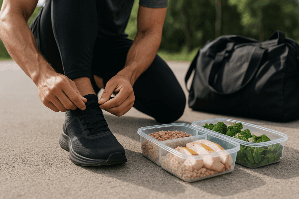 Athlete tying running shoes next to meal prep containers filled with whole grain rice and whole wheat rice, grilled chicken, and greens.