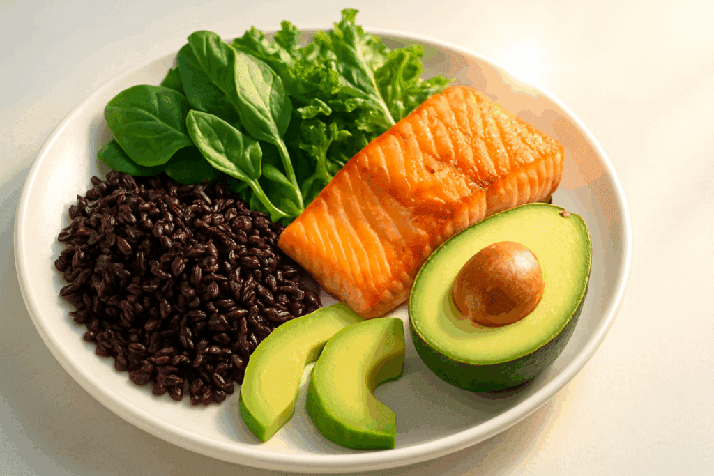 Grilled salmon with avocado, leafy greens, and whole grain rice and whole wheat rice on a white plate promoting anti-inflammatory nutrition.