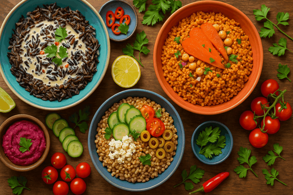 Colorful overhead view of globally inspired whole grain rice and whole wheat rice dishes, including Thai wild rice, Moroccan spiced grains, and Mediterranean bowls with fresh garnishes.