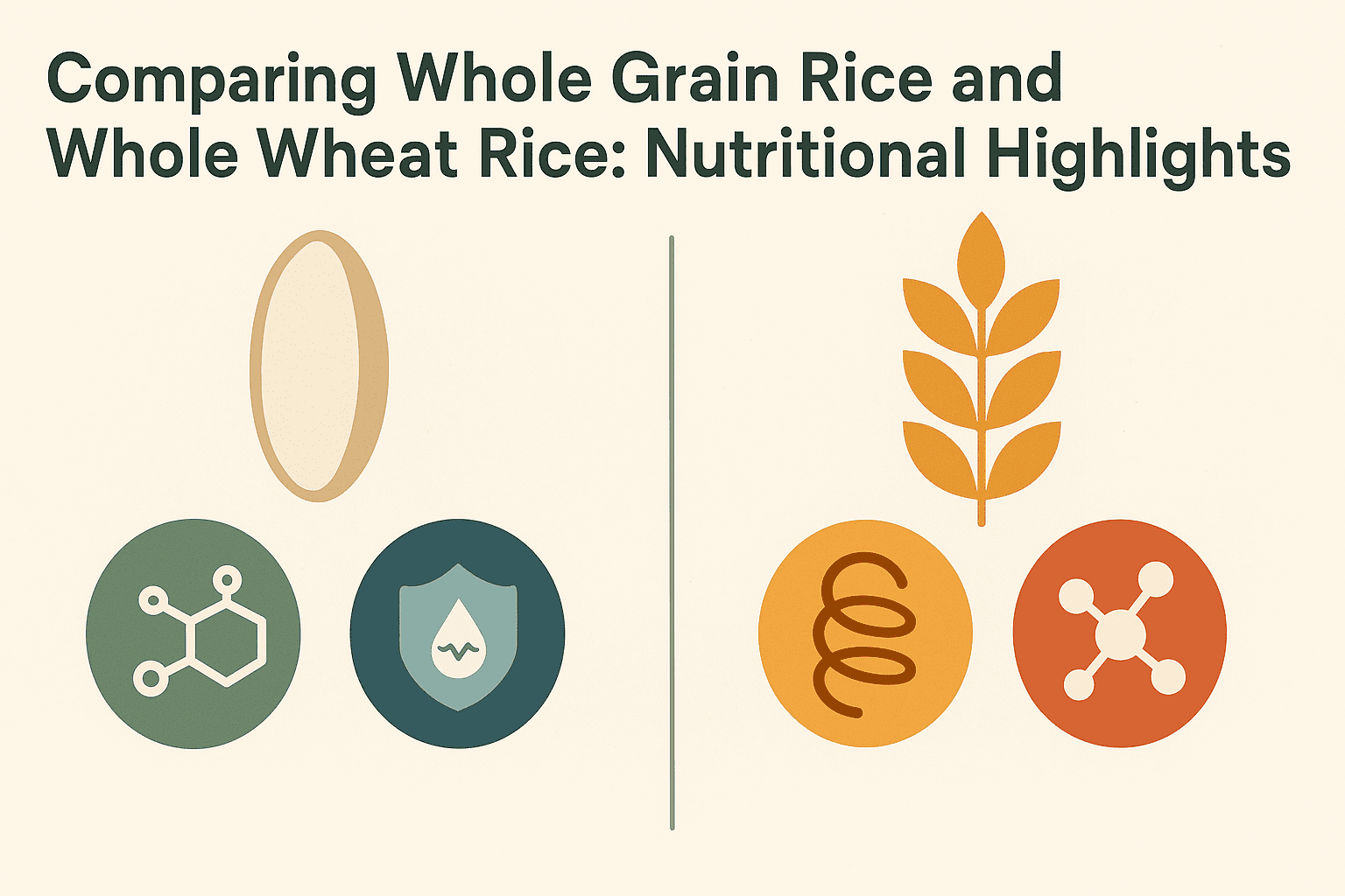 Infographic comparing whole grain rice and whole wheat rice using icons for antioxidants, glycemic control, fiber, and protein.