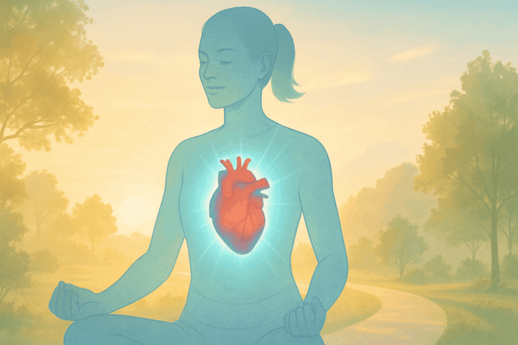 Translucent figure meditating at sunrise with glowing heart, symbolizing how to lower resting heart rate through mindfulness and exercise.