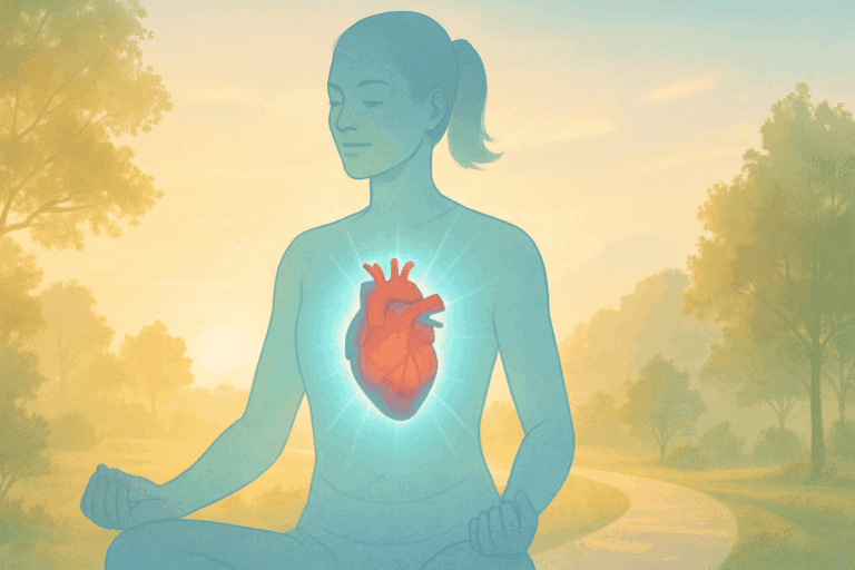 Translucent figure meditating at sunrise with glowing heart, symbolizing how to lower resting heart rate through mindfulness and exercise.